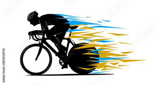 Silhouette of a cyclist on a racing bike with dynamic blue and yellow speed streaks, illustrating fast motion and competitive cycling.