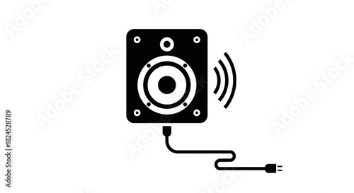 Black and white illustration of a speaker with a cord attached to it.