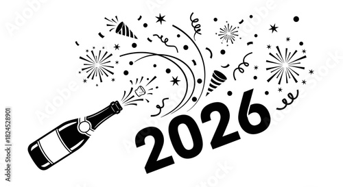 A celebratory illustration of a champagne bottle popping open with fireworks and confetti, marking the arrival of the year 2026.