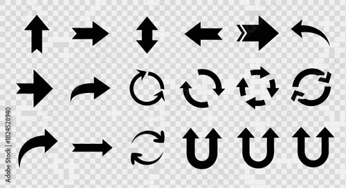 Collection of black arrow icons on a transparent background, pointing in various directions and shapes.