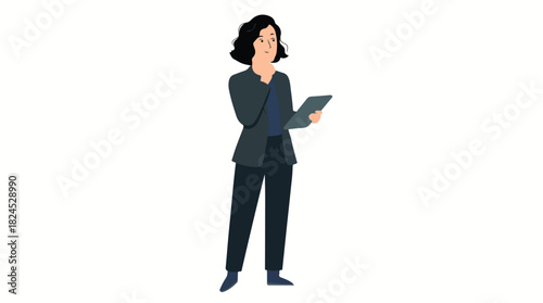 Thoughtful businesswoman in a suit holding a tablet contemplating a business decision isolated on a white background.