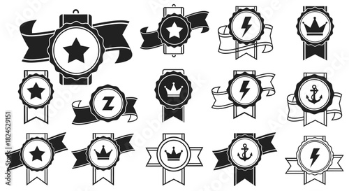 A collection of black and white award ribbons and medals with various symbols like stars, crowns, and lightning bolts.