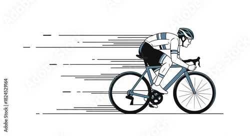 Dynamic illustration of a road cyclist in an aerodynamic position, racing at high speed.