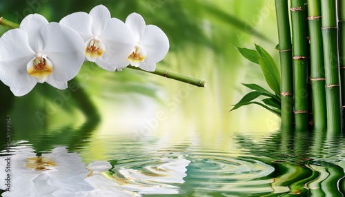 white orchids and bamboo stalks with rippling water reflection flower