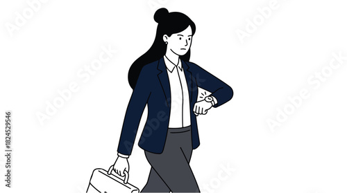 Businesswoman checking time walking with briefcase professional attire punctual busy schedule corporate environment time management.