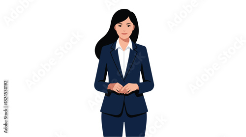 Professional Asian Businesswoman Standing Confidently in a Navy Suit.