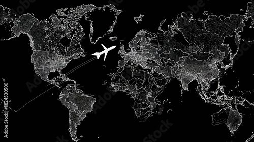 Global travel concept: Airplane flying over illuminated digital world map at night, depicting international journey, worldwide connection, and transportation.