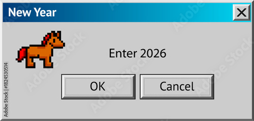 2026 New Year themed dialogue box with blue dragon. Abstract vaporwave, y2k aesthetics window with 90s style system message