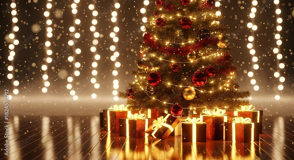 Obraz premium Christmas tree with gifts and bokeh lights background
