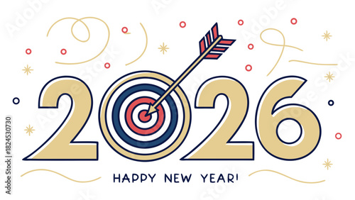 Illustration of the year 2026 with an arrow hitting a target and happy new year wishes in gold color