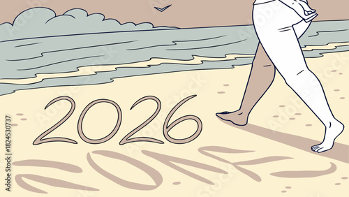Person walking on a beach with the year two thousand and twenty six written in the sand near the ocean