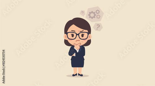Thoughtful Businesswoman Cartoon Character with Gears Above Head.