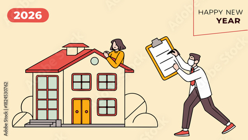 Illustration of a house inspection with a woman on the roof and an inspector with a clipboard