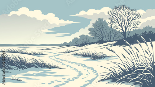Winter landscape with snowy field footprints trees and cloudy sky in a muted color palette art style