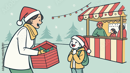 A christmas market scene with a woman giving a gift to a child near a market stall outdoors