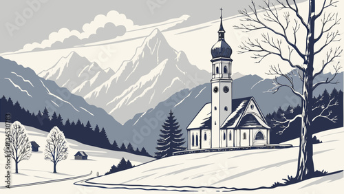 A scenic view of a church in a snowy landscape with mountains and trees in the background vector art