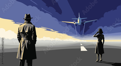 Mysterious figures observe a dramatic airplane departure under a turbulent sky, evoking themes of farewell, travel, and clandestine encounters