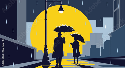 A stylized illustration of a silhouetted couple with umbrellas meeting on a rainy city street at night, illuminated by a large yellow moon