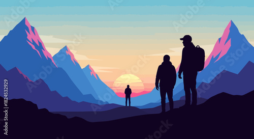 Silhouetted Hikers in a Mountain Landscape at Sunset Adventure and Serenity