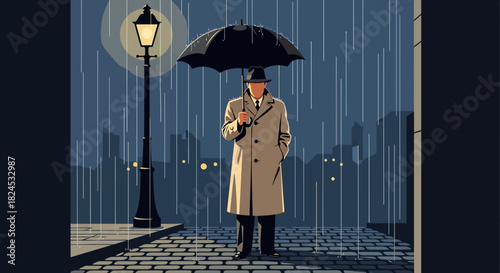 A Lonely Figure Stands Guard Under the Streetlight During a Torrential Downpour