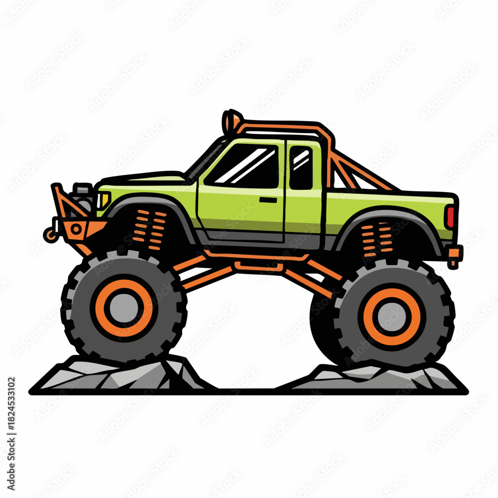 Fototapeta premium Cartoon Monster Truck with Oversized Tires on Rocks.