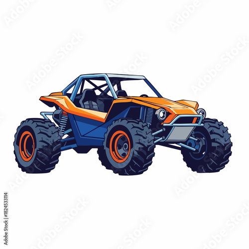 Orange and Blue Off-Road Vehicle with Large Tires and Roll Cage.