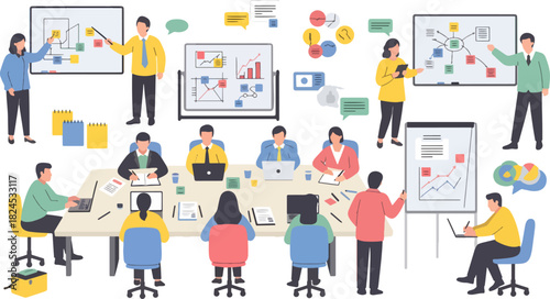 Business Meeting with Team Analyzing Charts in Modern Conference Room