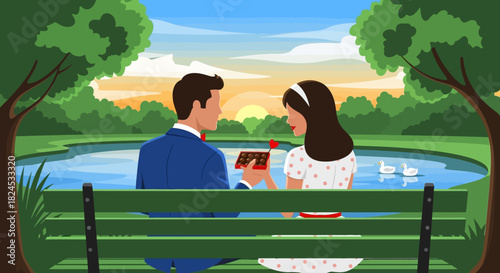 Romantic date concept with a young couple sharing a special moment on a park bench by a lake at sunset