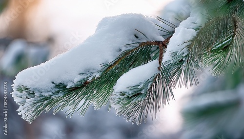 evergreen pine branch heavily laden with fresh snow