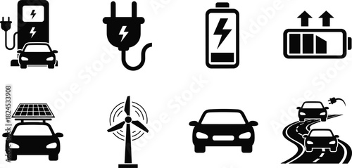 Set of electric vehicle and renewable energy icons including charging stations, batteries, plugs, solar power, and eco-friendly transportation graphics for design