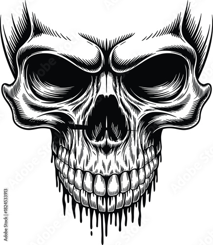 Black and white skull illustration with dripping effect
