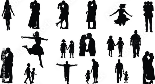 Collection of family and couple silhouettes showing love, parenting, children activities, romance, and joyful moments for graphic design, illustration, and digital artwork