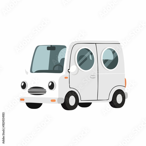 Cartoon white van with two round windows and black wheels on the road.