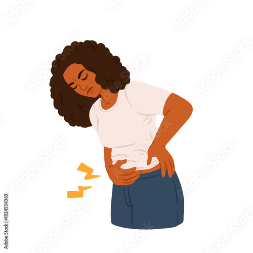 Black woman, suffering from acute abdominal pain, diarrhea, bloating, holds her stomach. Painful menstruation. Hand drawn character. Vector flat illustration.