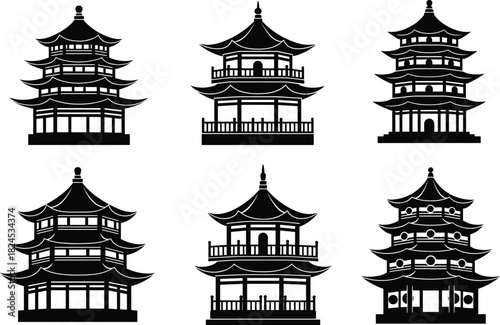 Traditional Asian pagoda silhouette set featuring classic multi-tier temples, cultural architecture icons, elegant oriental building designs for decoration and branding