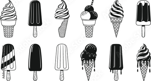 Collection of assorted ice cream and popsicle illustrations in black and white, detailed dessert vector set perfect for summer food designs