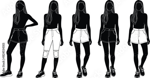 Stylish woman fashion silhouettes wearing various shorts and casual outfits, modern female clothing poses illustration for apparel design