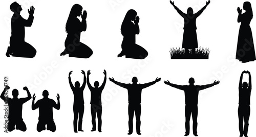 Silhouettes of people praying, worshiping, praising, kneeling and raising hands in devotion, spiritual meditation and prayer illustration set
