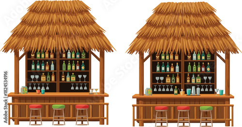 Tropical tiki bar with wooden counter, straw roof, bar stools, cocktail glasses, bottles and beach bar elements for summer vacation designs