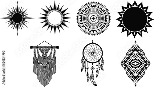 Boho tribal mandala sun symbols with dreamcatcher and geometric ornaments, decorative spiritual vector designs for bohemian art and tattoo themes