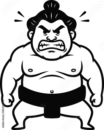 Angry sumo wrestler cartoon illustration in traditional mawashi belt showing strong fighting stance, Japanese sumo fighter mascot design artwork