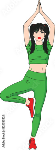 Woman practicing yoga in tree pose wearing green activewear, healthy fitness lifestyle illustration promoting balance, mindfulness, exercise, and wellness