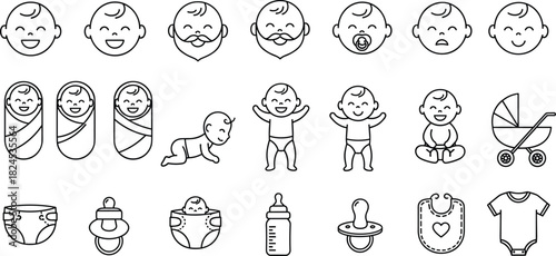 Collection of cute baby icons including faces, emotions, crawling, diapers, bottle, pacifier, bib, stroller and newborn symbols for parenting designs