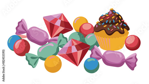 Assortment Of Candies And Cupcake On White Background candy sweets