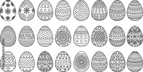 Black and white decorative Easter eggs with intricate patterns, doodle designs, and ornamental line art for coloring pages and holiday artwork