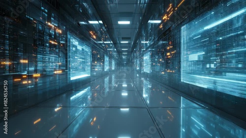 Wallpaper Mural bright technology perspective grid, bluish hues, glowing interface panel, perspective from the right, background resembling an office space or server room vibrant and bright Torontodigital.ca