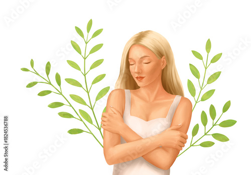 Serene illustration of woman hugging self symbolizes mindful wellness with soft botanical backdrop creating calming vibe for modern self-care concept, isolated, transparent background