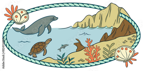 Channel Islands Ocean Wildlife Badge Vector – Marine Conservation Emblem Featuring Sea Lion, Turtle, Seal, and Coral Ecosystem