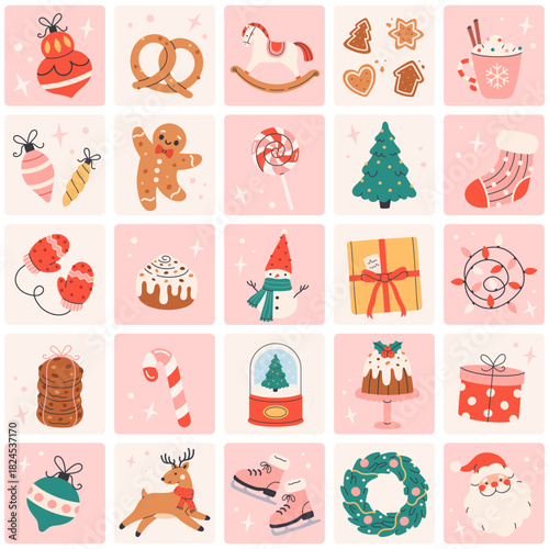 Seamless pattern with cute Christmas festive elements. Perfect for Christmas cards, posters, wrapping paper, and seasonal design projects. Flat vector illustration
