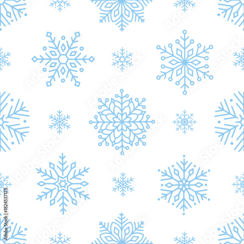 Seamless pattern with cute minimalistic snowflakes. Festive winter holiday design for Christmas, New Year. Perfect for banner, wallpaper, wrapping paper, background, card, poster. Vector illustration